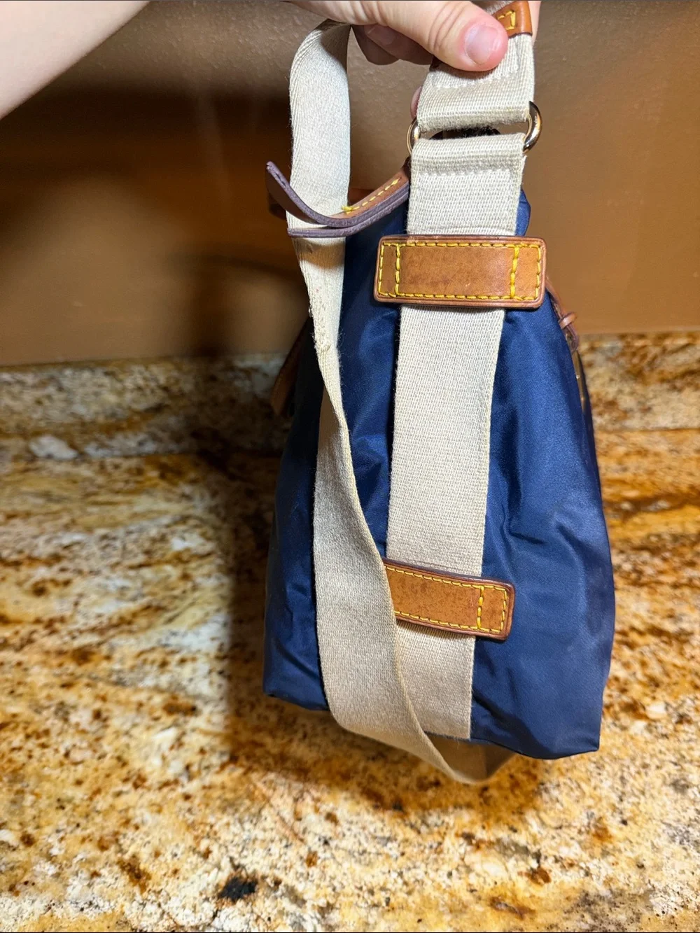 Dooney & Bourke Navy Nylon Messenger Bag with Tan Leather Trim